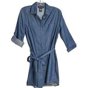 Waimea Denim Shirt Dress Blue Chambray Button Front Tie Waist Roll Sleeve Mini M